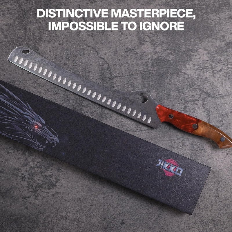 JICKO ® SteelFang Edition – Japanese Brisket Knife 12" with Olive Wood & Red Epoxy Handle | Premium Butcher & Carving Knife for Meat, BBQ, and Brisket Slicing – Ultra Sharp Stainless Steel Blade - Image 5